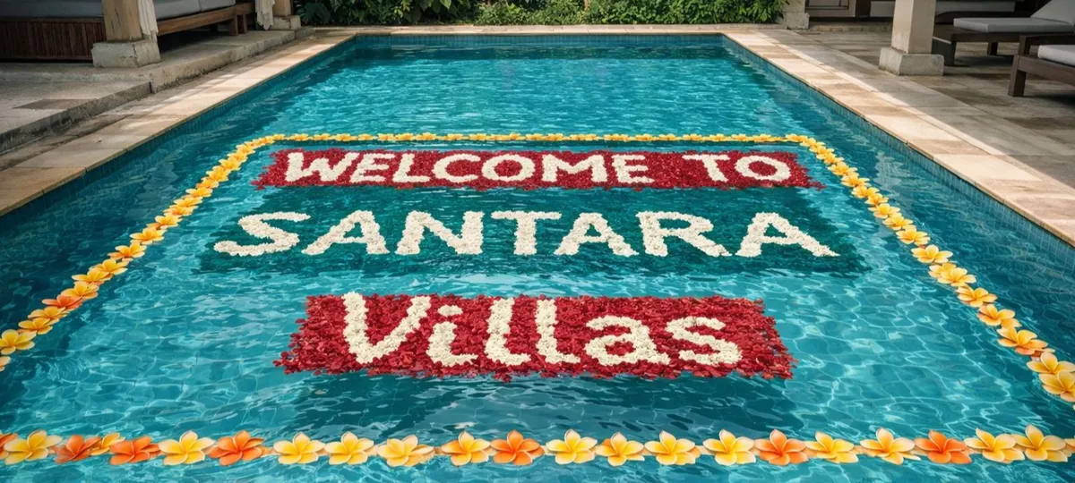 A pool with WELCOME TO SANTARA Villas spelled out in flowers on the water