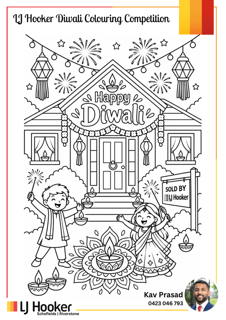Page 1 of the competition sheet: a line-art house dressed for Diwali with hanging lanterns, fireworks, a Happy Diwali garland over the door, two children holding sparklers and diyas, and a rangoli in the front garden, ready to colour in.