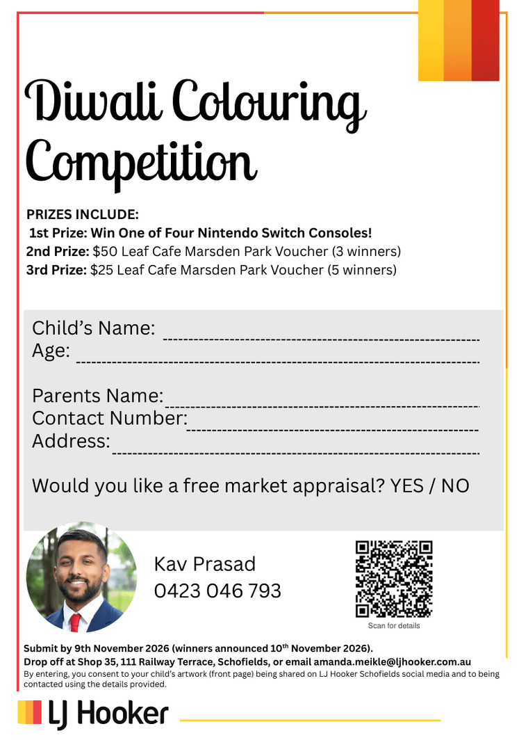 Page 2: the prize list, an entry form with fields for the child's name and age and the parent's name, contact number and address, Kav Prasad's contact details, and a QR code captioned Scan for details.