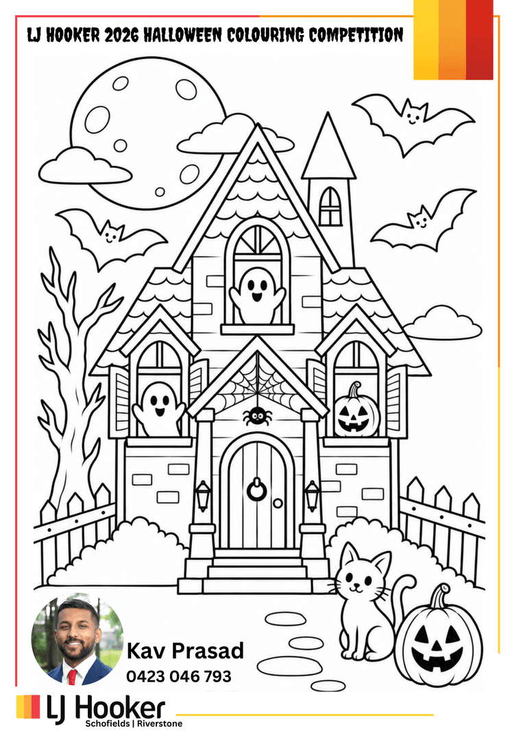 Page 1 of the competition sheet: a line-art haunted house with ghosts at the windows, bats, a cat and a jack-o'-lantern, ready to colour in.