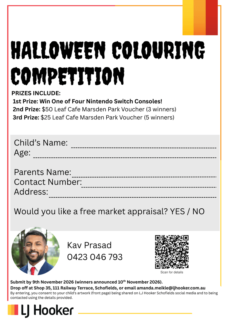 Page 2: the prize list, an entry form with fields for the child's name and age and the parent's name, contact number and address, Kav Prasad's contact details, and a QR code captioned Scan for details.