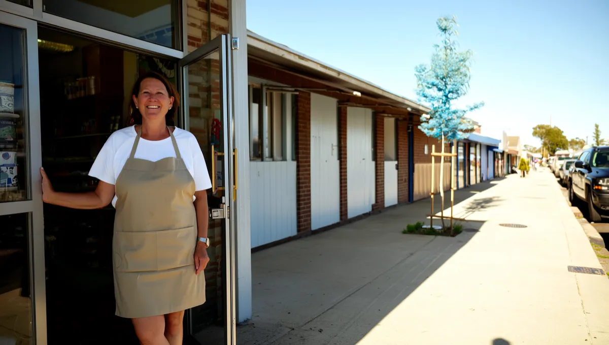 A small business owner standing in the open doorway of her shop on a suburban shopping strip